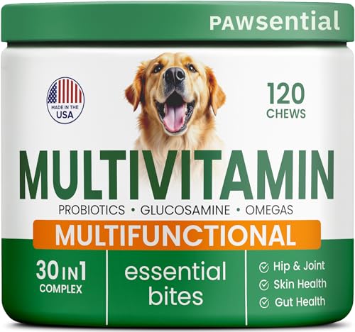 Vitamins for Dogs - 4 in 1 Complex with Omega, Glucosamine, Probiotics and Vitamins - 120 Chews Single Pack Roasted Turkey