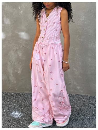 Image of Floerns Girl's 2 Piece Outfits Elegant Striped Sleeveless Suit Vest & Long Elastic Casual Pants Set