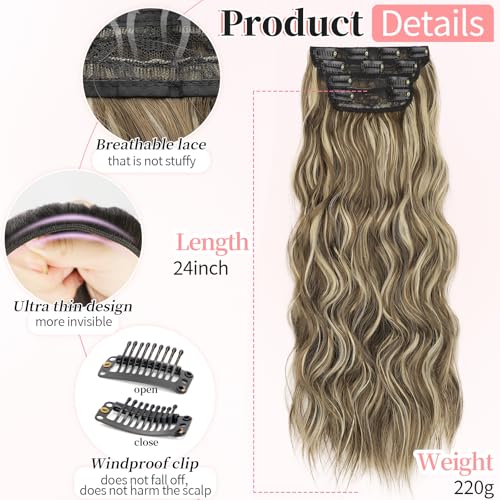 Image of KooKaStyle Wavy Thick Hair Extensions 24 inch Medium Brown Ash Blonde | 4 Pieces Clip in Extensions,Fiber Double Weft Hairpieces,Natural Volume,Wave Long Synthetic Highlight Hairpieces for Women