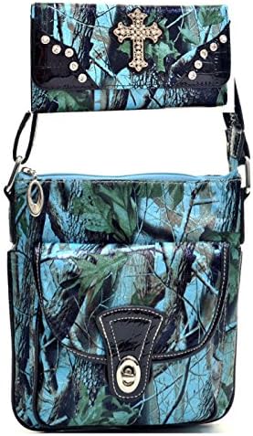 Western Camouflage Camo Cross Body Messenger Bag With Matching Wallet - Blue