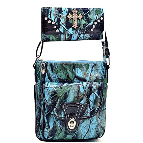 Western Camouflage Camo Cross Body Messenger Bag With Matching Wallet - Blue #TOP10