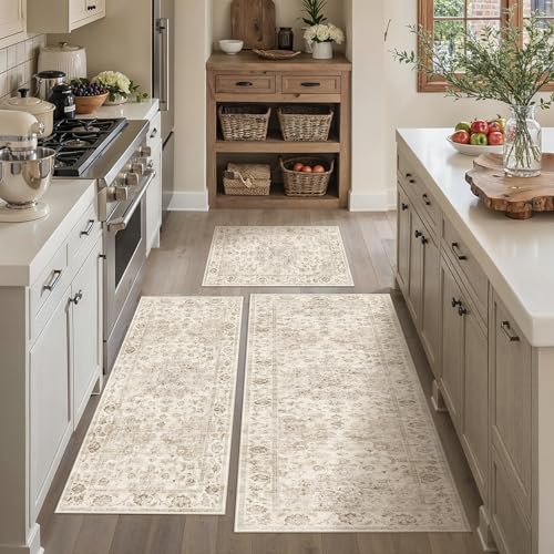 WondRg Neutral Kitchen Rug Set of 3 Washable Beige Vintage Kitchen Mats for Floor Non-Slip Kitchen Runner Rug Soft Low Pile for Bathroom Laundry Hallway Sink Entryway 20"x32"+20"x48"+30"x50"