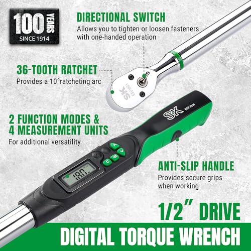 Image of SK 1 /2 inch Drive Digital Torque Wrench, 17 to 340 N-M, LED Display, Four Units of Measure & Flash Notification