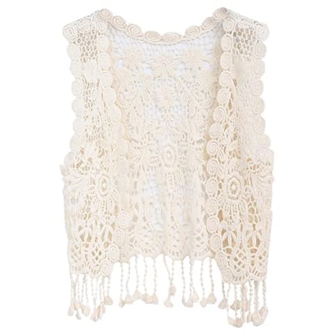 SMILING PINKER Little Girl's Crochet Vest with Fringe V neck Sleeveless Cardigan Open Front(Beige,Medium) Cover