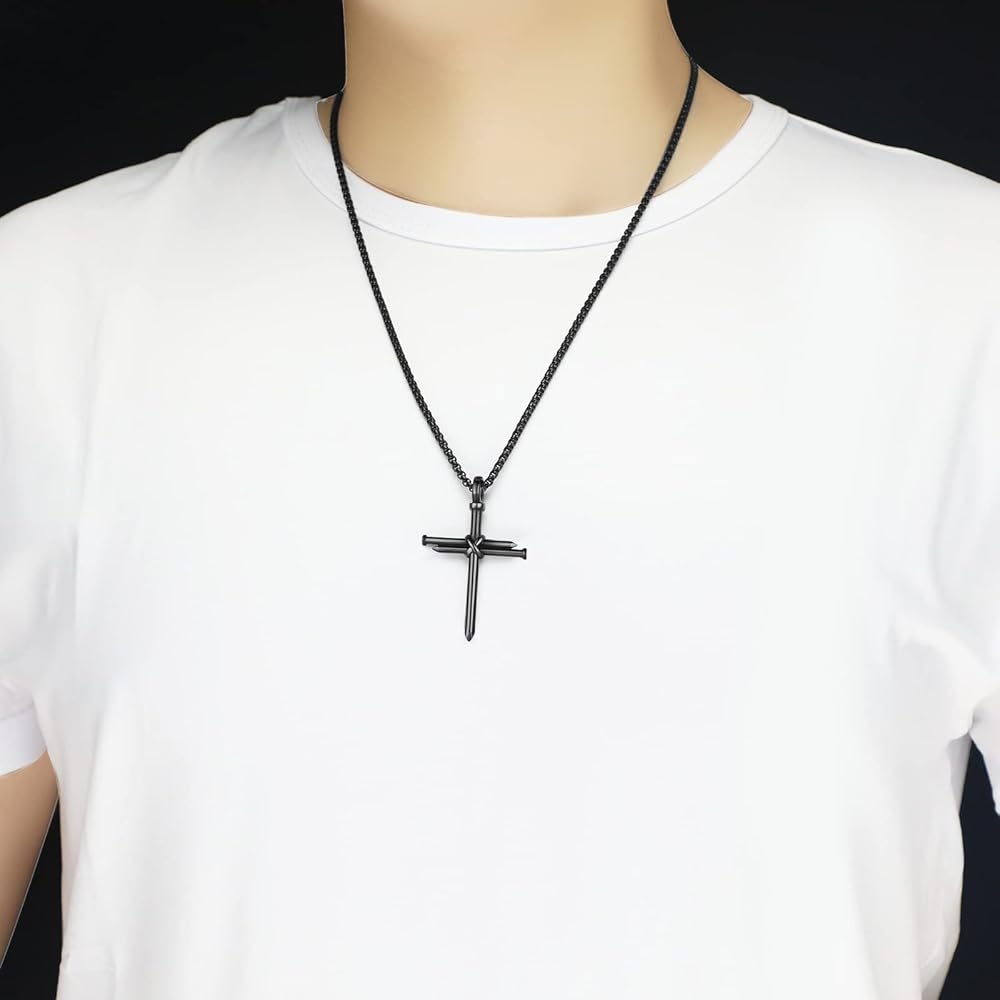 HattiDoris Nail Cross Necklace for Men Stainless Steel Chain