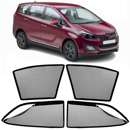 Image of AutoStory Magnetic Car Sunshade for Mahindra Marazzo | Front Half Cut for Mirror Visibility + Rear Full Coverage with Zipper | Heavy Heat & UV Protection | Privacy Side Window Curtains Shades
