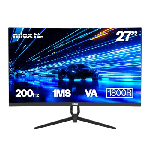Nilox NXM27CRV2001 Monitor Curvo 27', Pantalla Gaming 200Hz 1ms, Pantalla Ordenador con Soporte VESA 100x100mm, Conexiones HDMI y DP