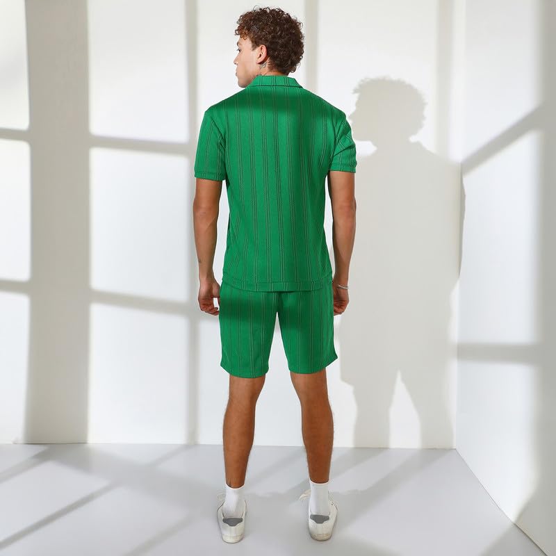 Image of CAHOOT Men's Shamrock Green Stripe-Knit Co-Ord Set For Casual Wear | Polo Neck | Short Sleeve | Pull On Closure | Co-Ords Crafted With Comfort Fit For Everyday Wear