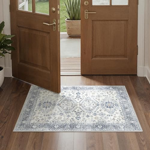 Bavni 2x3 Washable Entryway Rug, Non Slip Door Mat, Light Blue