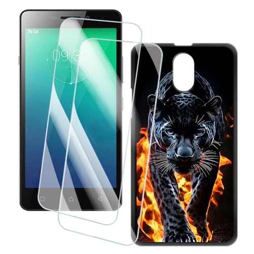 OAGELIM 2er Pack Bildschirm Schutzfolie + Hülle Kompatibel mit Lenovo Vibe P1M (5 Zoll) Künstlerisch Bedruckte Hülle & Gehärtetes Glas Kratzfest (Gepard)