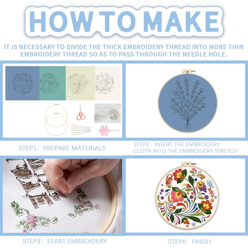 Image of FREEBLOSS 4 Set 8'' Beginners Embroidery Kit Artistic Flower Patterns Embroidery Starter Kit with Instructions Include Embroidery Fabric Embroidery Hoops and Threads for Hanging Decor