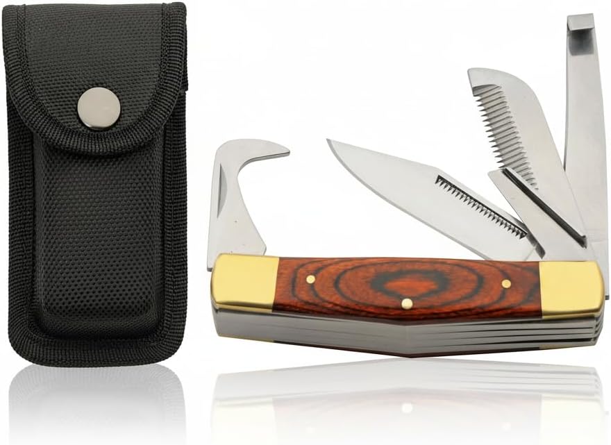 Rite Edge Horse Hoof Care Multitool – Folding Hoof Pick & Equestrian Grooming Tool for Horses and Livestock, Stainless Steel Hoof Cleaning Tool, Wood Handle, Nylon Sheath, Farrier Hoof Care Tool