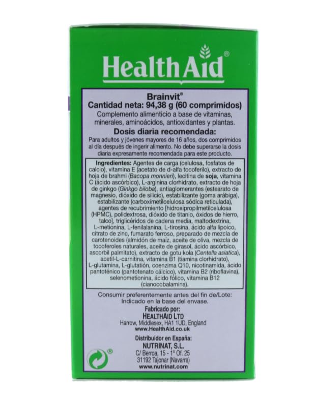 Brain Vit Health Aid 60 comprimidos | Complejo avanzado de vitaminas, minerales, aminoácidos y plantas para la memoria, la concentración y el rendimiento mental