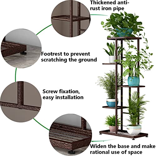Image of LINZINAR Plant Stand Metal 5 Tier 6 Potted Multiple Flower Pot Holder Shelf Indoor Outdoor Planter Display Shelving Unit for Patio Garden Corner Balcony Living Room (5 Tier 6 Potted, Bronze)