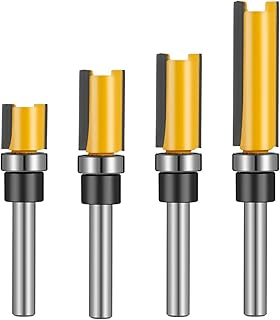 GOTH Perhk 4 Pcs 1/4 Inch Shank Flush Trim Pattern Bit Set, Straight Flush Trim Tools with Bearing Template Router Cutter Professional Wood Top Woodworking Milling Tools