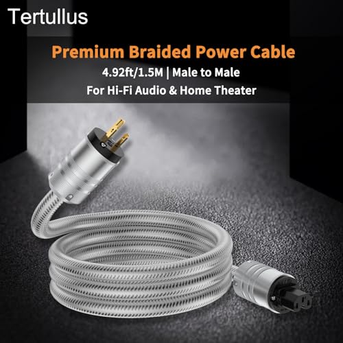 Image of Tertullus Audiophile Power Cable, HiFi Power Cord AC Main Supply Cable, with US C15 IEC Plug Connector (Silver, 1.5m /5ft)