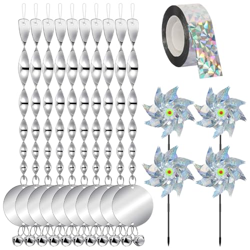 15 Stück Reflektierende Vogelschreck Set 10 Stück Vogelabwehr Windspirale, 4 Stück Windräder Vogelabwehr mit Vogelband 2.4CM x80M Reflektierende Windspirale Vogelschreck Set