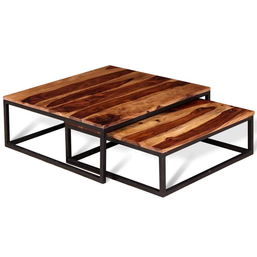 Hothingwell - Juego de mesa baja (2 unidades, madera maciza) | Estilo Retro, Acabado Mate, Madera Duro Tropical, Marco Metal Industrial, Diseño Emboitable