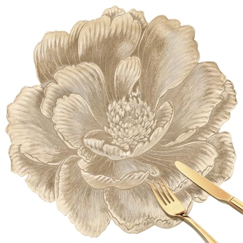 fanquare 3D Gold Flower Placemats Set of 6, 15" Metallic Pressed Vinyl Round Table Mats for Kitchen Dining Wedding Party
