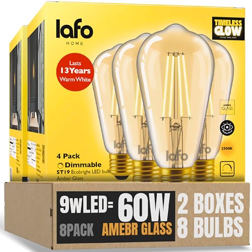 LafoHome 8 Pack Dimmable ST19/ST64 LED Edison Bulb 9W 60W Equivalent 650 Lumens Soft Amber 2500K E26 Base CRI90 Amber Glass Straight Filament ETL FCC Certified Vintage Lighting