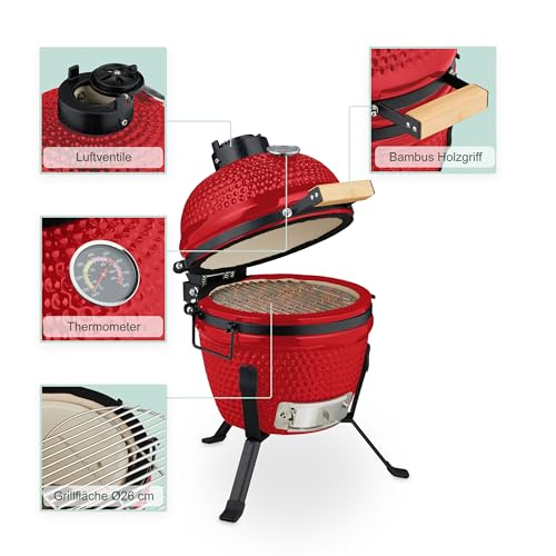 Kamado-Grill Relaxdays, 32 cm, Keramikgrill mit Thermometer