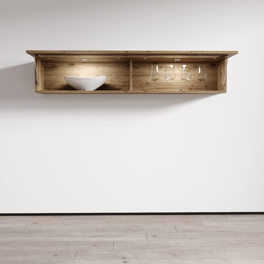 Meble Furniture Floating Media Cabinet Type-51 — Wall-Mounted Storage with LED Lighting — High Gloss Finish, 47.2 x 11.8 x 11.8 inches — Oak