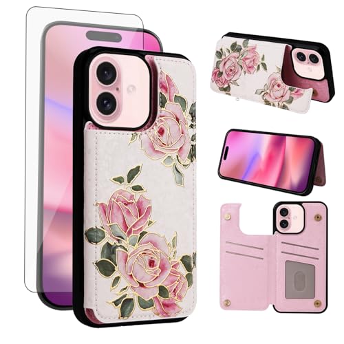 Coque iPhone 16 portefeuille à motif fleur pour sorties et vidéos