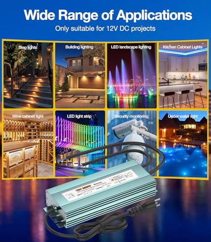 Image of 300W LED Driver 12V DC Transformer, IP67 Waterproof Low Voltage Power Converter with 3-Prong US Plug for Outdoor & Indoor LED Lights, Computer Projects
