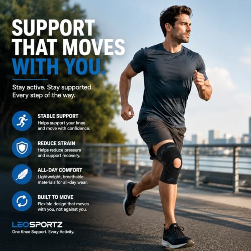 Image of Leosportz Knee Support for Pain Relief - Knee Cap for Men Women | Adjustable Compression Knee Support for ACL, MCL, Arthritis, Running, Sports & Recovery (Black, L)