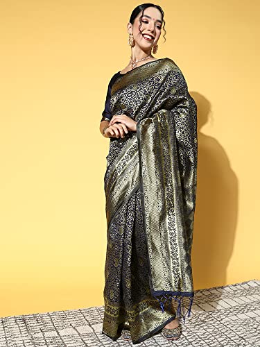 Image of AKHILAM Women's Geometric Banarasi Silk Zari Saree With Unstitched Blouse Piece (Dark Blue RR0TOSH9103)