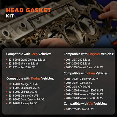 Image of 3.6 Head Gasket Set 2011-2016 for Jeep Grand Cherokee Wrangler, 2011-2020 for Dodge Avenger Challenger Charger Journey for Chrysler 200 300 Ram 1500 2500 3.6L Pentastar V6 HS26541PT