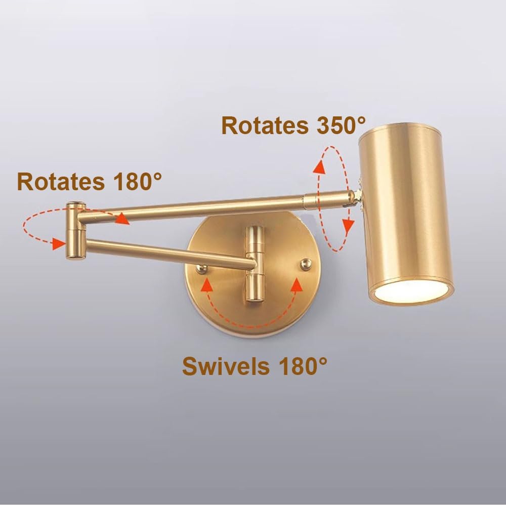 Lampy Ścienna Nowoczesna z Ramieniem LED, Kinkiet Regulowany Oświetlenie Ścienne Czytania Cylindryczne do Sypialni Salon Biuro E26(Gold,3 modes)