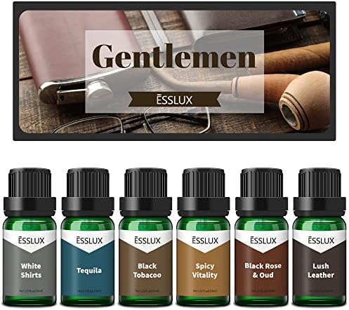Fragrance Oil, ESSLUX Gentlemen Collection of 6 Premium Scented Oils, Masculine Soap Candle Making Scents, Men’s Essential Oils for Diffuser, Lush Leather, Black Rose & Oud, Tequila and More