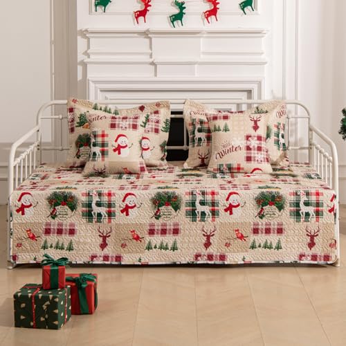 5-Piece Christmas Daybed Cover Set Twin Cozy Xmas Snowflake Reindeer Daybed Bedding Sets New Year Day Bed Comforter Bedspread, Santa Day Bed Cover with 4 Pillow Shams,39x75(Beige Red)