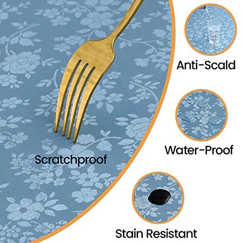 Image of Romanstile Waterproof Vinyl Tablecloth Round, 60 x 60 Inch, Rose Blue | Flannel Backing Wipeable Table Cloth, Heavy Duty Plastic PU Table Cover for Kitchen Dining, Indoor & Outdoor Use