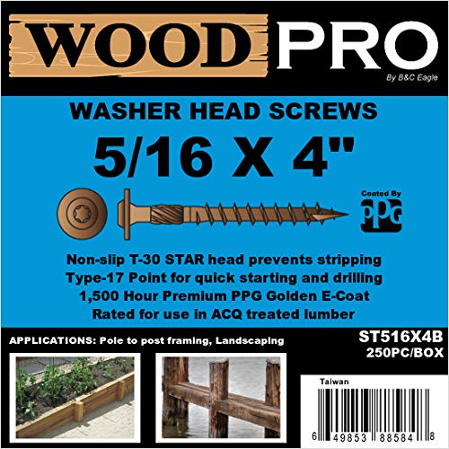 WoodPro Fasteners ST516X4B 5/16-Inch by 4-Inch Length Round Washer Head Exterior Wood Screws, 250-Pack, Gold, 4 inches - Image 3