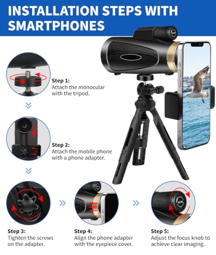 Image of Monocular Telescope 12X60 HD High Power with Smartphone Adapter Tripod Larger Vision Monoculars for Adults with BAK4 Prism & FMC Lens Suitable for Bird Watching Hiking Camping Wildlife-Black