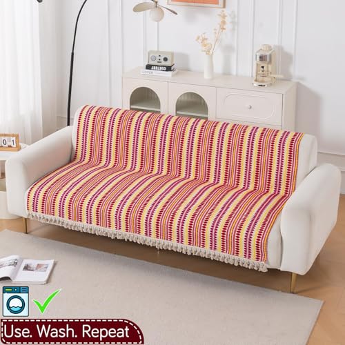 Image of HOKIPO 'Artisan Boho Series' Sofa Cover with Tassel | 450 GSM Cotton Acrylic Jacquard Sofa Cover for 3 Seater Sofa, Size 152x175 cm, Ruby Red (NEW-IN-909-A6)