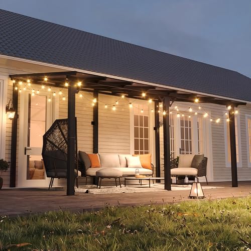 Image of 10' x 16' Lean to Gazebo Pergola, Hardtop Gazebo Metal Large Galvanized Steel Wall Mount Pergolas on Clearance with Lights,Polycarbonate Roof,Awnings,Patio Canopy for Backyard,Deck,Porch