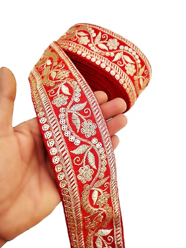 Image of Embroidery Gold Work with Sequence Design Lace Border Falls for Saree, Kurti, Dresses, Bandhani, Lehenga, Decorative Ribbon (6.5 cm Width) (3 Meter, Red)