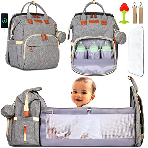 Image of 3 in 1 Diaper Bag Backpack With Changing Station - Extra Large Baby Travel Bag w/ Diaper Changing Toy, Portable Changing Pad, Travel Bassinet, Charging Port, Bottle Warmer, Waterproof, Grey- Kayra Joy