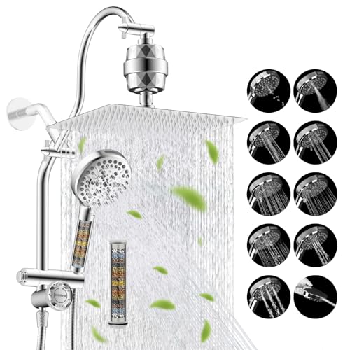 Image of Hibbent 12 inch Dual Filtered 10 inch Rainfall Shower Head with Handheld 10-Spray | High Pressure Metal Chrome Showerhead Combo with Filter, 4-way Diverter with Pause Mode, Extension Arm, 71'' Hose & Holder
