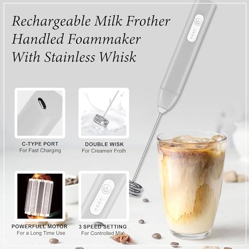 Image of GLUN Portable Coffee Frother Vibe Grey Colour 1 Piece, Type-C Port Rechargeable Handheld Milk Frother with 2-Layer Detachable Steel Whisk, Fast Foam Maker for Latte, Cappuccino & Coffee