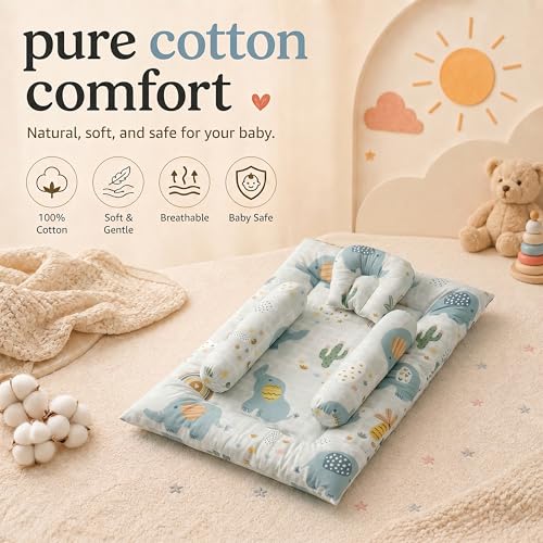 Image of StarAndDaisy Newborn Baby Bedding Set, Baby Bed Soft & Breathable, Godari Boys & Girl Design, 100% Cotton Cushioned Mattress Sheet with 2 Side Bolster Pillows & 1 Head Pillow - Elephant Print