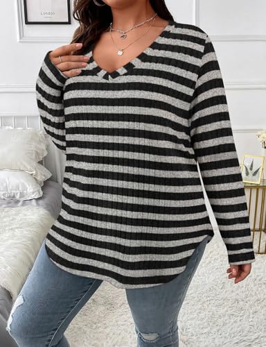 Image of Koscacy Women Plus Size Casual Knit Sweater V Neck Solid Color Tops Lightweight Long Sleeve Blouses