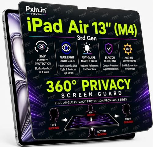 Image of Pxin 360 Pro Privacy Screen guard compatible with iPad Air 13 inch (M4) | Anti Glare | Anti UV | Anti Blue | Anti Reflection | Privacy Filter | Unbreakable Build
