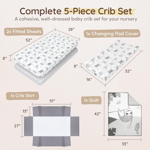 Image of Neutral Baby Crib Bedding Set Boy 28 inchx52 inch, 8 inch Deep Pocket - 5 pcs Baby Bedding Set with Comforter, 2 Crib Sets for Boys Cotton Fitted Sheets, Skirt, Changing Pad Cover - White & Gray