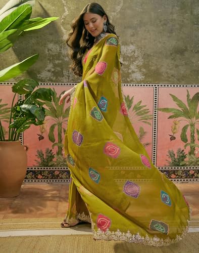 Image of SIRIL Women's Chiffon Scalloped Border Sequins Embroidery Saree with Unstitched Blouse Piece