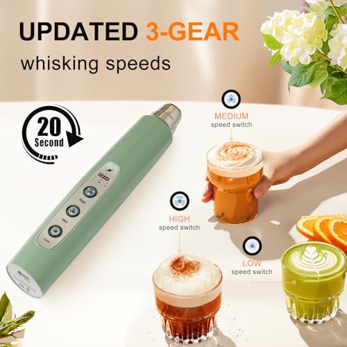 Image of YUSWKO Granite Green Handheld Milk Frother Wand for Coffee, Rechargeable Electric Whisk with 3 Heads 3 Speeds Drink Mixer Coffee Frother For Latte, Cappuccino, Hot Chocolate, Egg
