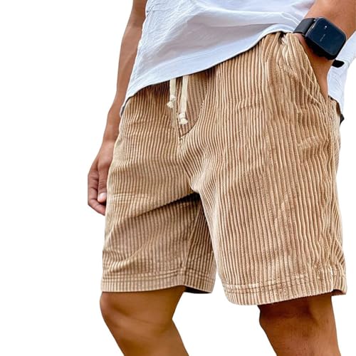 Men's Shorts, Corduroy Drawstring Elastic Waist Short,Summer Fashion Vintage Casual Breathable Elastic with Shorts (Khaki,Small)